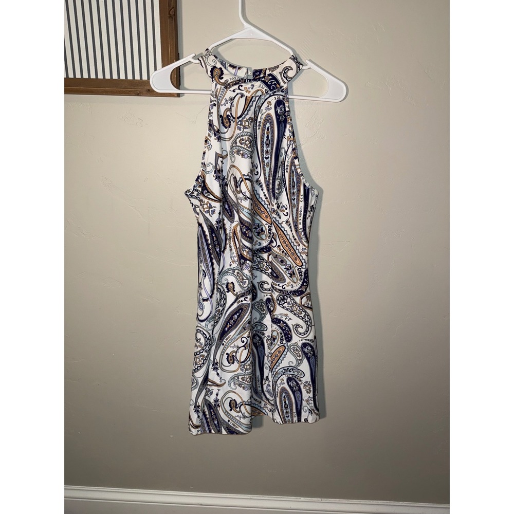 Aryeh Paisley Halter Mini Dress Blue Purple White Sleeveless Keyhole Back Medium